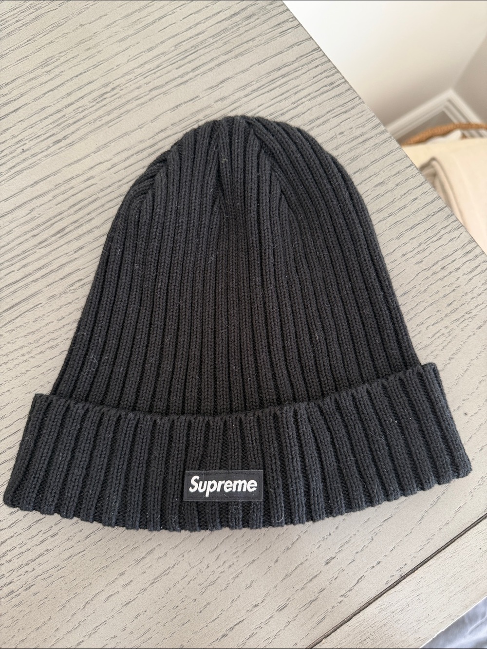 Supreme Black Ribbed Cuffed Beanie with Logo Patch
